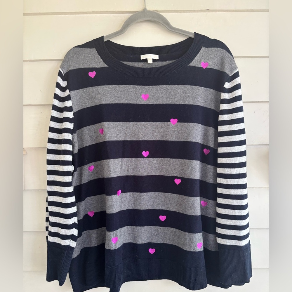 Lisa Todd Skip A Beat Multi Stripe Cotton Cashmere Sweater with Hearts Size 3X